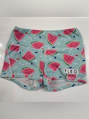Fleo Mint Athletic Shorts with Pink Watermelon Print Mid-Rise